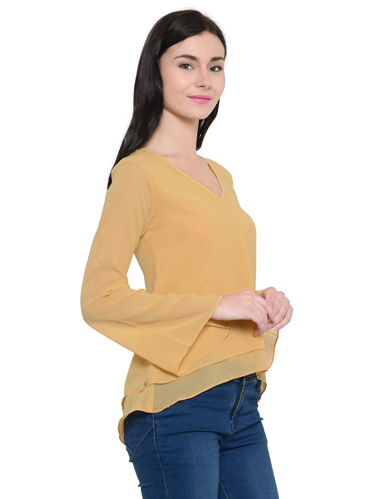 Camel Yellow Bell sleeves Vneck top